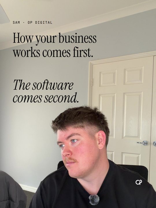 Sam looking off-camera toward the line: how your business works comes first