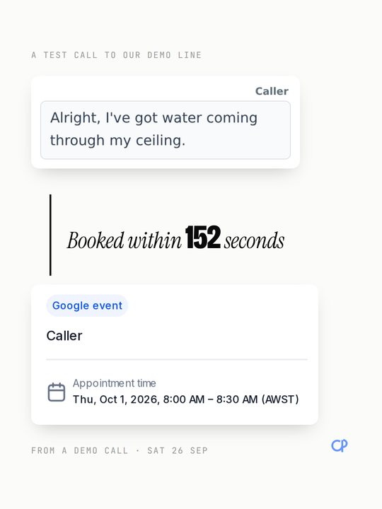 Caller line, booked within 152 seconds, the real calendar event