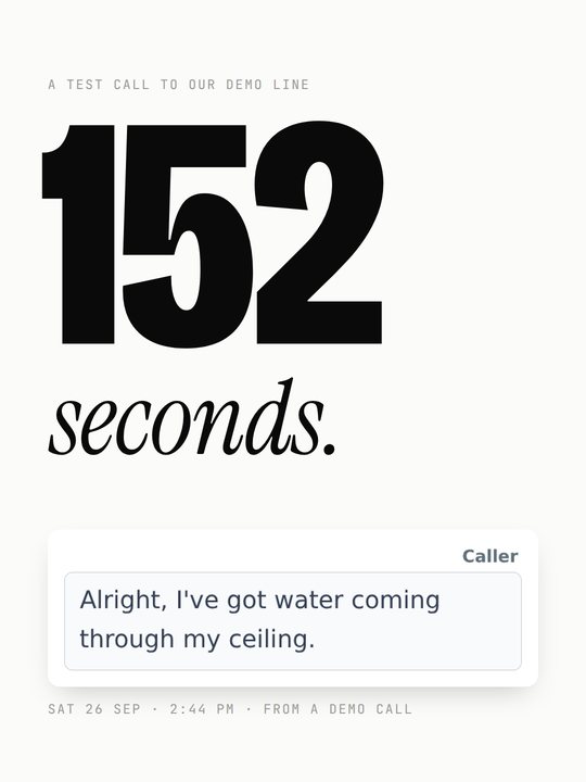 Huge 152, then 'seconds.' with the caller's real line from the transcript