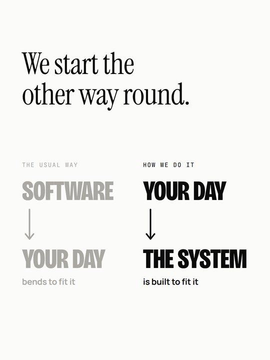 We start the other way round: software then your day, versus your day then the system